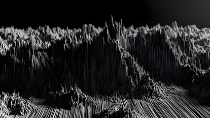 Black and white pixelated landscape with vertical lines and dark background