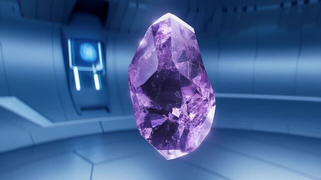 Levitating glowing amethyst crystal in futuristic metallic chamber with cool blue lighting rotating slowly