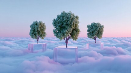 Three trees atop cubes float in clouds, beneath a pastel dawn sky