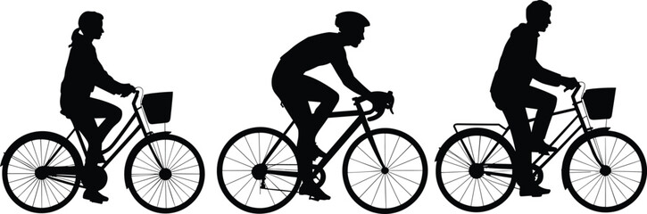 Obraz premium Set of black silhouette cyclists riding bicycles, woman man and athlete on bikes, vector illustration isolated on white background.
