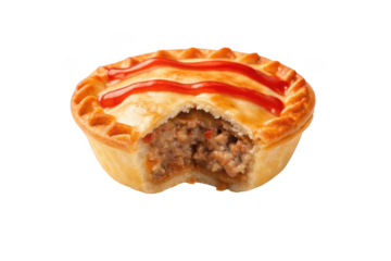 Savory meat pie with ketchup topping isolated on transparent background