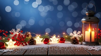 Red and gold ornaments, ribbons, and glowing candles decorate a festive Christmas tree against a winter snow background, creating a beautiful holiday season celebration with gifts and boxes