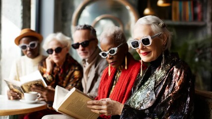A group of fashionable older adults seated in a cozy cafe, all wearing stylish sunglasses and reading books, showcasing style, wisdom, and the joy of literature amidst their vibrant personalities.