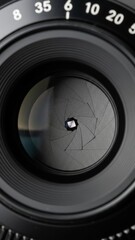 Close-up view of a camera lens aperture with blades forming a star shape.