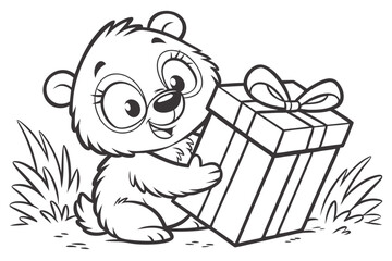 Joyful cartoon bear cub cheerfully embraces a present with a bow, seated near grassy foliage © Shipon