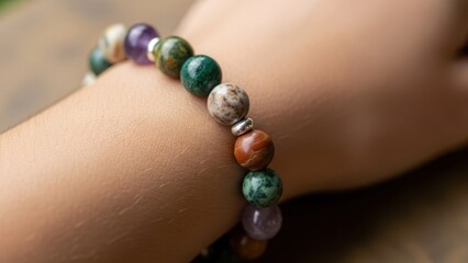 Close-up of a person wearing a colorful natural stone beaded bracelet. Handmade gemstone jewelry for wellness and spirituality on a wrist. Fashion accessory with healing crystals and selective focus