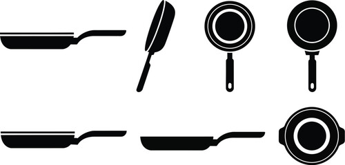 Frying pans shown from various angles. Frying pans and  flat bottomed cookware used for frying, searing, and browning foods vector illustration icon silhouette. Frying pans, skillets vector