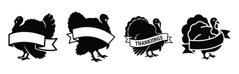 turkey with banner silhouette icon vector set