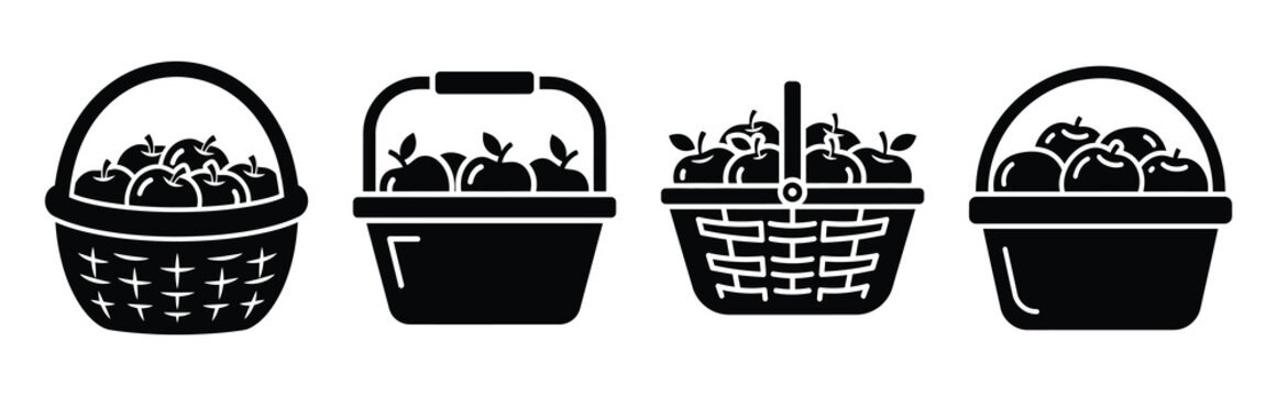 apple basket silhouette icon vector set