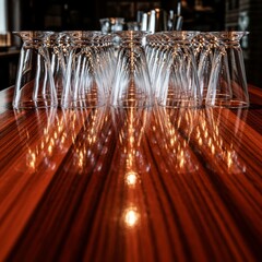 Row of inverted clear drinking glasses reflecting on a polished wooden bar surface.