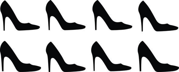 Set of eight black silhouette women's high heel shoes icons, elegant stiletto pumps footwear collection vector illustration isolated on white background.