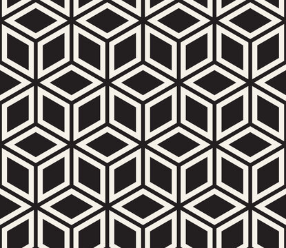 Vector seamless pattern. Geometric pattern of tiling cubes in black and white. Ideal for use in modern design projects, textiles, or wallpapers, it showcases a stylish and contemporary aesthetic.