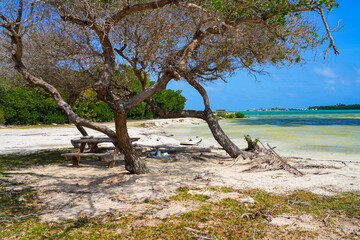 Sorobon Beach in Lac Bay, a tropical lagoon with shallow turquoise waters on the southeast coast of...