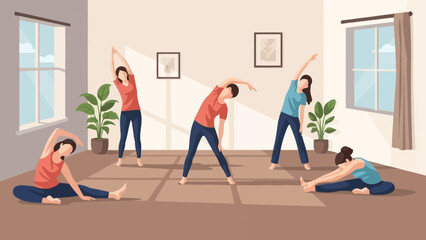 group of people practicing yoga in bright living room with large windows and indoor plants