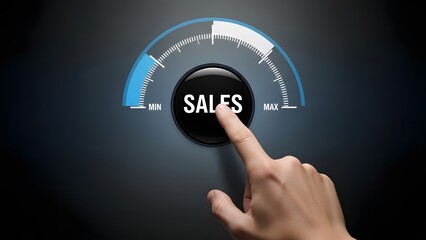 Finger pushing sales performance indicator dial to increase revenue