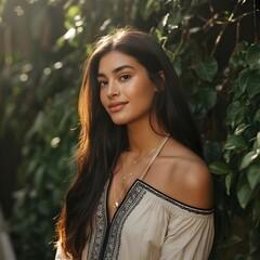 Beautiful Young Woman in Bohemian Off-Shoulder Top with Layered Necklaces in Natural Sunlight Garden Portrait