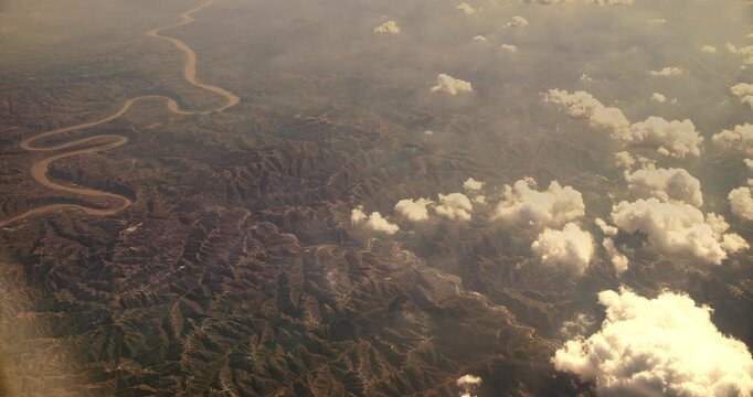 China. View From Airplane Window On Yongding River. Largest River To Flow Through Beijing. Aerial View On Mountainous Terrain. Mountainous Landscape. Wuding River Or Unfixed River Because Its Flow Was