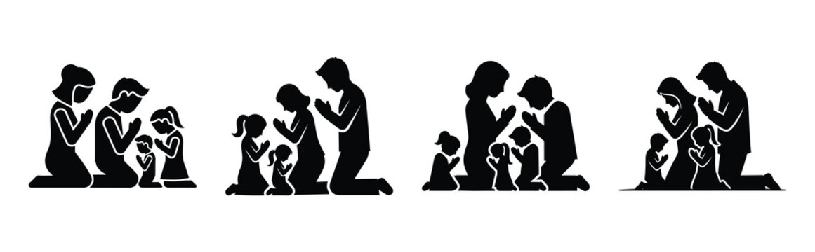 family praying silhouette icon vector set