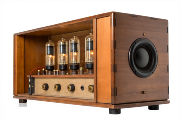 Elegant retro vacuum tube amplifier featuring visible glowing tubes and an integrated speaker, housed in a handcrafted wooden cabinet, evoking a classic analog sound experience
