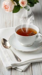 A delicate white teacup filled with steaming hot tea, placed on a saucer with a silver spoon on a white napkin, against a rustic wooden background with soft pink roses.