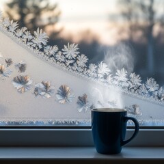 A blue mug with hot steaming coffee sits on a windowsill adorned with beautiful intricate frost patterns, creating a cozy winter scene.