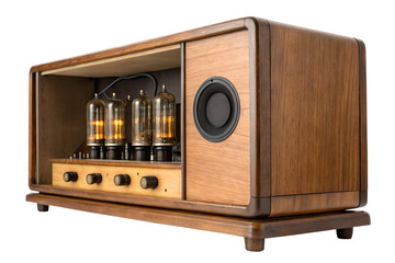 Vintage wooden stereo system with glowing vacuum tubes and speaker, a classic audio device evoking nostalgia and high-fidelity sound