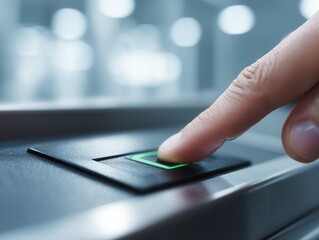 Human finger pressing a vibrant green glowing button on a sleek digital interface, symbolizing modern technology, activation, and secure access.