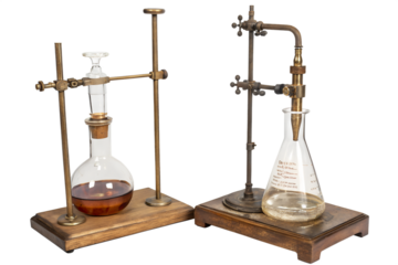 Retro Laboratory Apparatus with Glassware and Stands on Wooden Bases, Evoking a Vintage Scientific Atmosphere