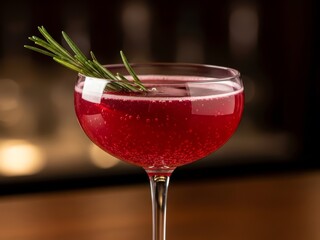 A vibrant red cocktail in a coupe glass, garnished with a fresh sprig of rosemary, against a blurred background.