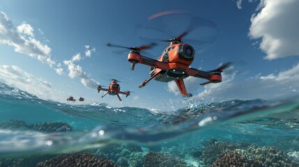 Three vibrant drones hover over a coral reef, ocean scene, clear sky