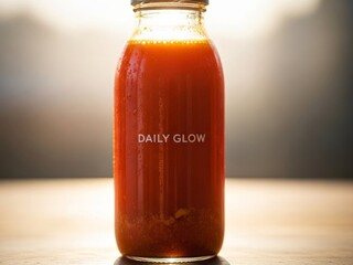 A clear glass bottle filled with reddish-orange 'Daily Glow' juice, standing on a blurred surface with warm lighting.