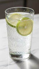 A clear glass filled with sparkling water and fresh lime slices on a light marble surface.