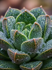 Close-up of a vibrant green succulent plant with intricate leaf patterns and glistening water droplets.