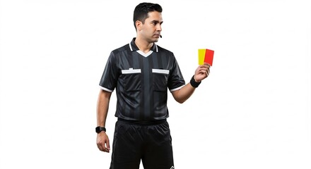 明るいスタジオでサッカー審判が笛を吹き真剣な表情で警告カードを掲げる. AI Generated