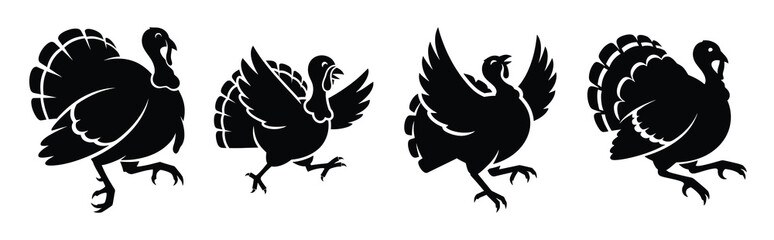 happy turkey jumping silhouette icon vector set