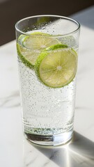 A refreshing glass of sparkling water with two vibrant lime slices on a bright, sunlit surface.