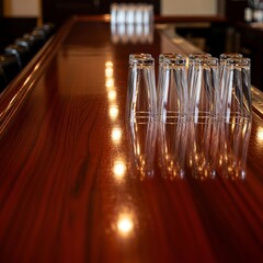 A polished wooden bar counter with several empty glasses reflecting warm lights in an inviting interior.