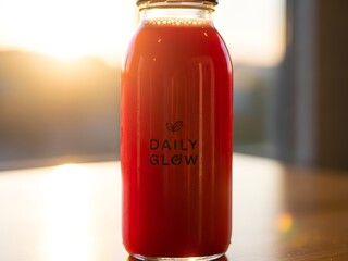 Red juice bottle with 'DAILY GLOW' label, backlit by golden sunlight, sitting on a wooden surface indoors.