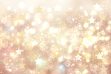 A festive abstract delicate Happy New Year or Christmas background texture with colorful gold yellow pink blurred bokeh lights and stars. Space for design. Card concept or advertising.