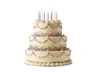 Three tiered birthday cake with white frosting and colorful sprinkles three tiered cake