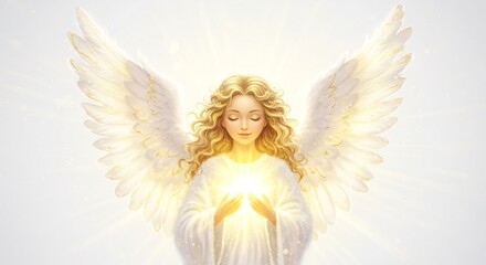 穏やかな女性が白い輝く翼を持ち両手で温かい金色の光を包み込み放つ神秘的で神聖な輝き. AI Generated
