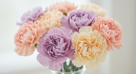 窓から差し込む柔らかな自然光がふんわりと咲くパステルカラーのカーネーション花束を優しく照らす 繊細なグラデーションと豊かなフリルの花びらが織りなす安らぎの美しさが広がる. AI Generated