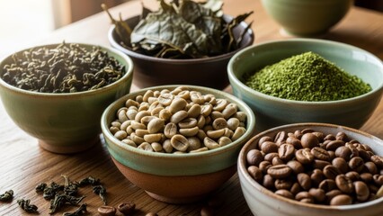 A collection of various tea leaves, matcha powder, and coffee beans, both green and roasted, displayed in ceramic bowls on a wooden surface.