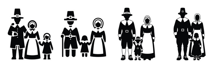 pilgrim family silhouette icon vector set