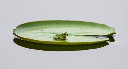 澄んだ水面に浮かぶ緑の睡蓮の葉 自然の優しい光を浴びて小さなカエルが静かに佇む夏の風景. AI Generated