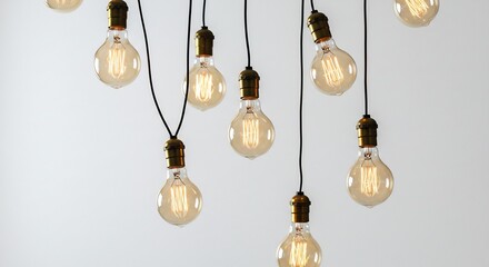 白いシンプルな空間に温かい光を放つレトロなフィラメント電球が不規則に吊るされる多灯照明美しい柔らかな輝きが部屋に心地よい雰囲気を与える. AI Generated
