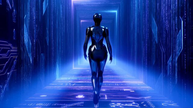 Futuristic humanoid robot walking through glowing neon blue digital corridor with circuit patterns and ambient sci-fi atmosphere