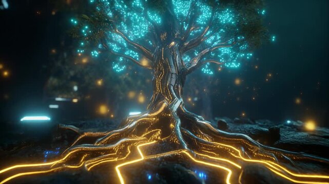 Enchanted bioluminescent tree with glowing blue lights and golden roots in a mystical dark forest with ethereal bokeh and futuristic elements