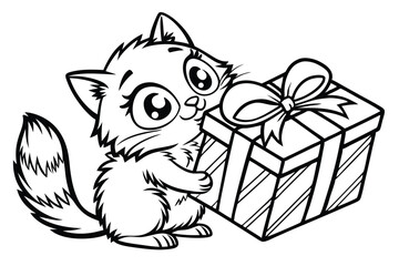 Outlined kitty hugs a square gift adorned with ribbon; a charming black and white drawing
