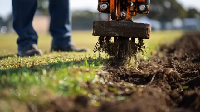 Closeup medium shot of plug aeration machine removing soil cores from vibrant pasture to reduce compaction and improve root development.